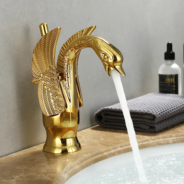 Koadclo | Swan Single Handle Golden Basin Faucet – Elegant Brass Bathroom Sink Tap