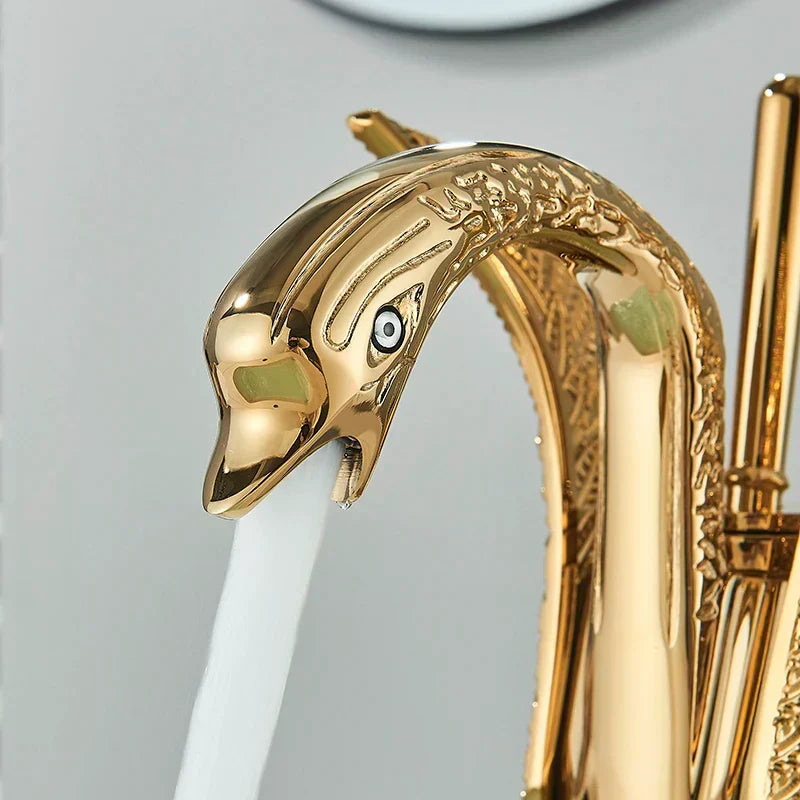 Koadclo | Swan Single Handle Golden Basin Faucet – Elegant Brass Bathroom Sink Tap