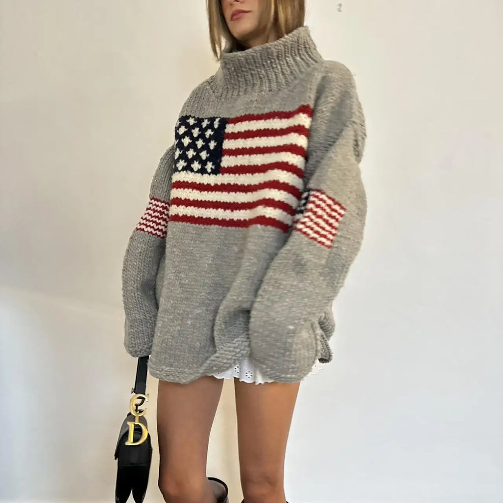Harajuku Retro US Flag High Neck Sweater