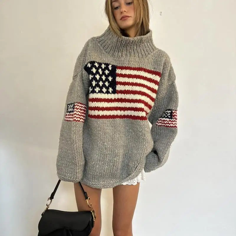 Harajuku Retro US Flag High Neck Sweater