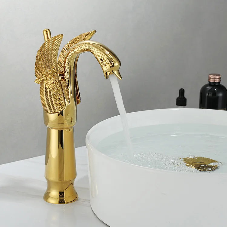 Koadclo | Swan Single Handle Golden Basin Faucet – Elegant Brass Bathroom Sink Tap
