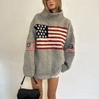 Harajuku Retro US Flag High Neck Sweater