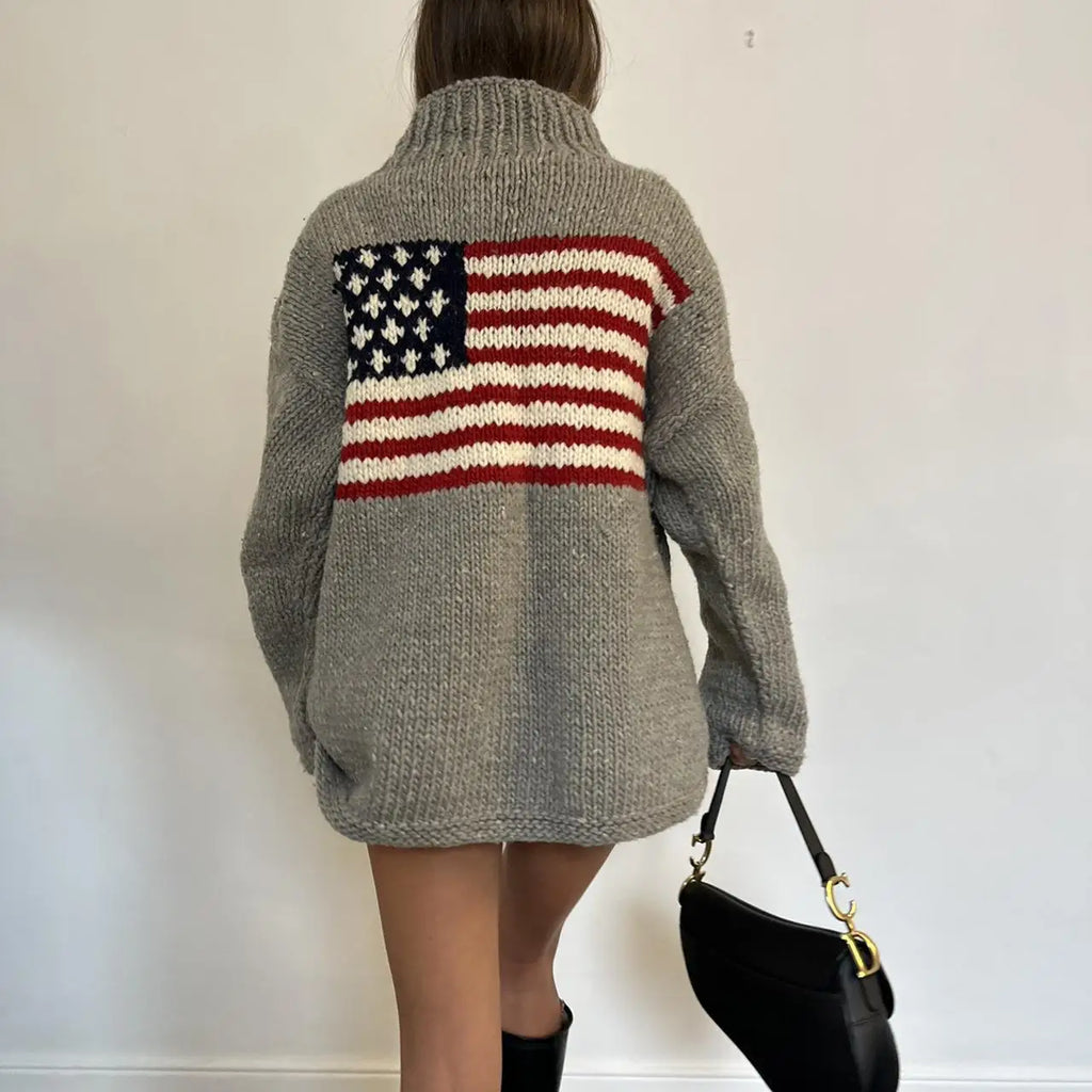 Harajuku Retro US Flag High Neck Sweater