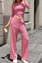 Ribbed Crop Top & Wide-Leg Trouser Co-ord Set