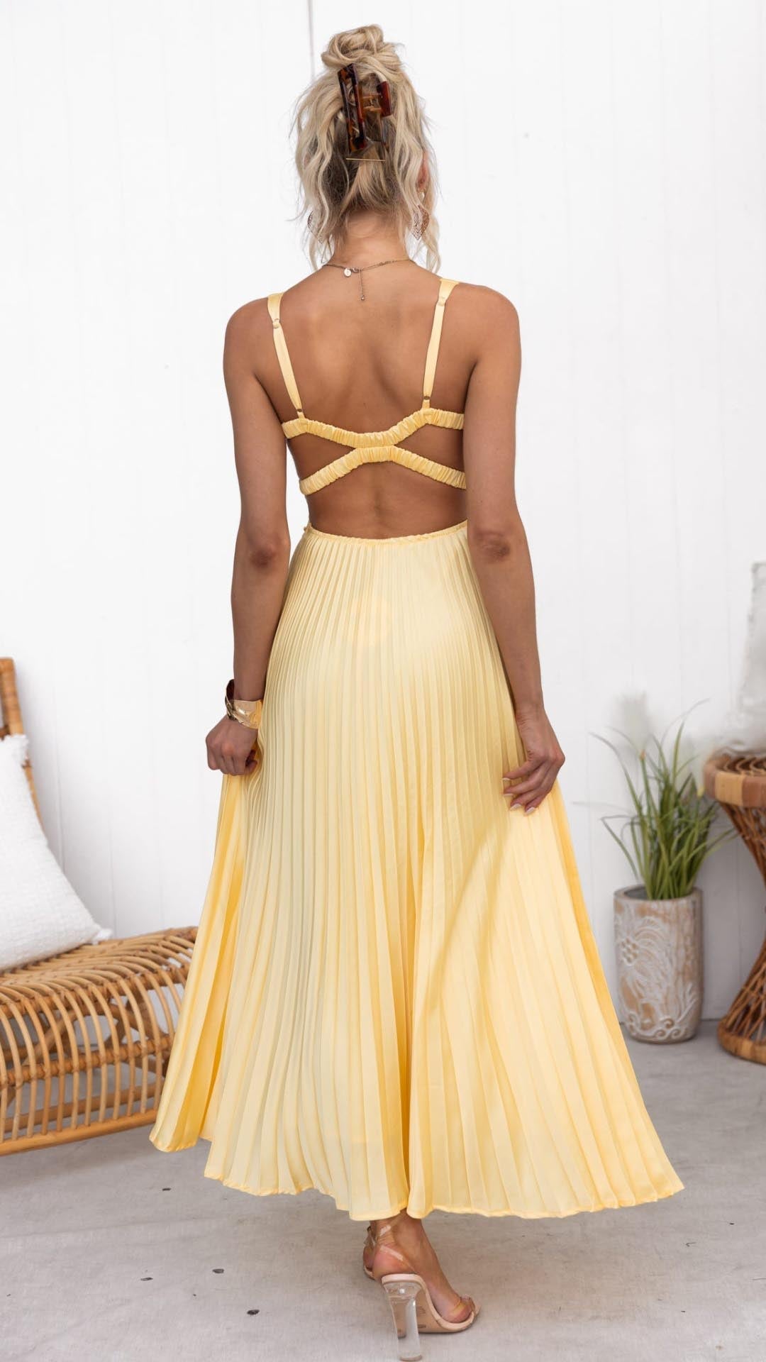 Solaria | Women’s Pleated Midi Dress in Sun Yellow