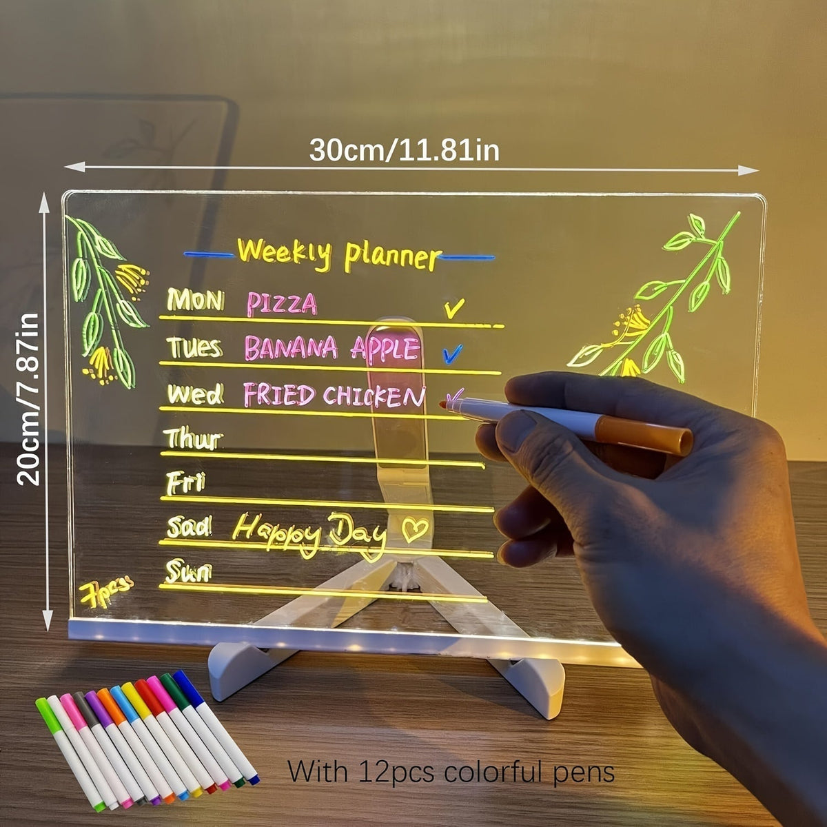 Koadclo | USB LED Noteboard with 12 Colored Pens - Bright Message Board for Office & Home