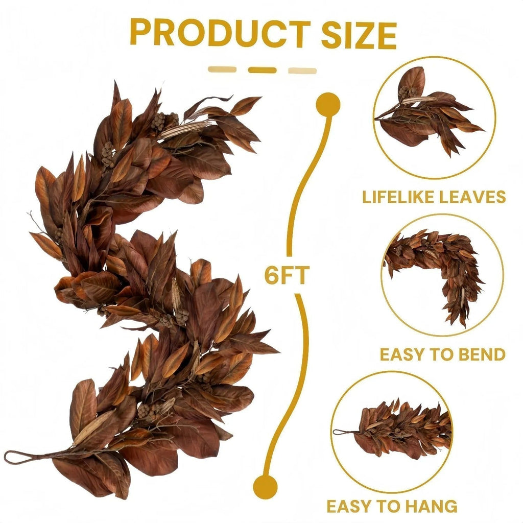 Koadclo | Brown Magnolia Leaf Garland – Realistic Autumn Decoration for Indoor & Covered Outdoor Use