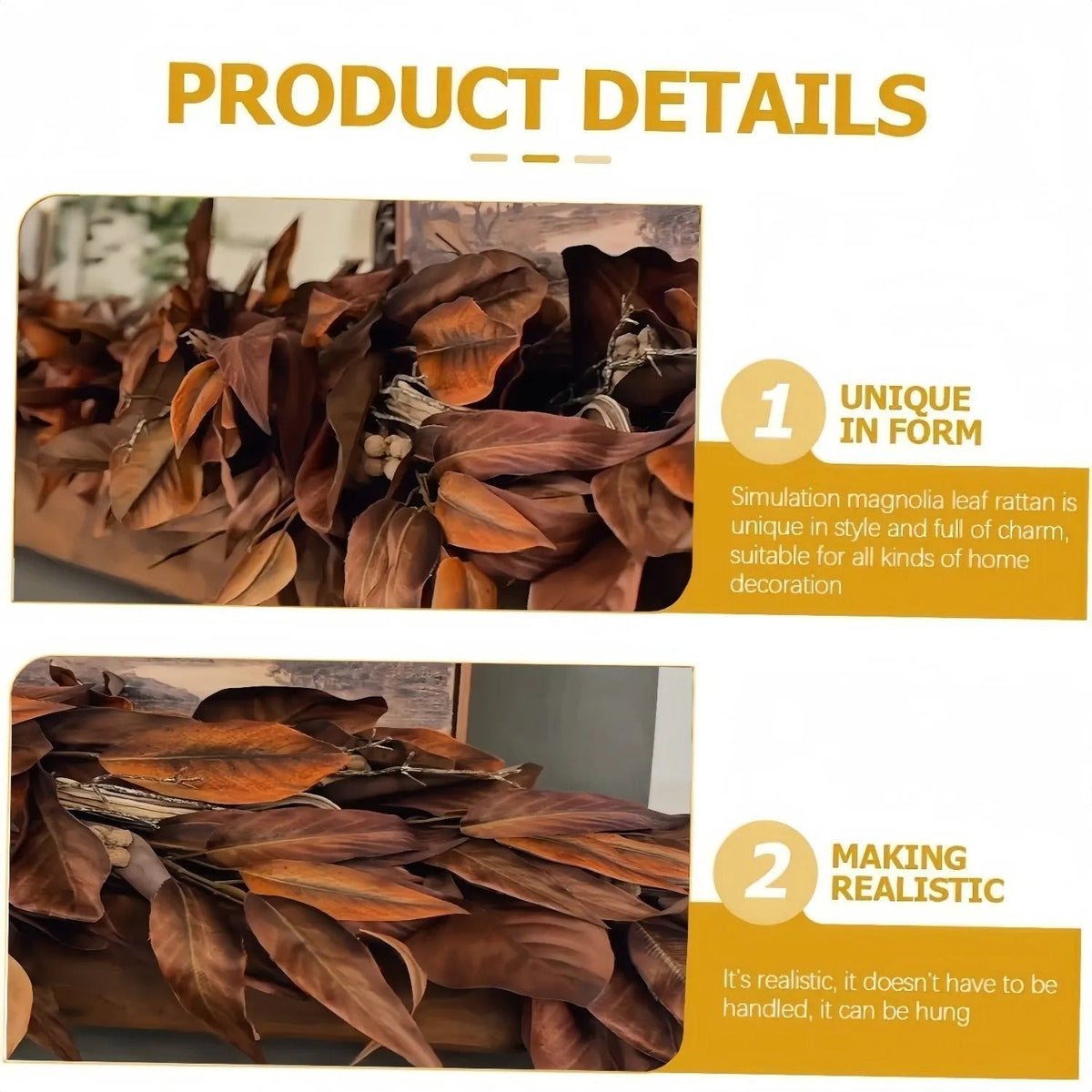 Koadclo | Brown Magnolia Leaf Garland – Realistic Autumn Decoration for Indoor & Covered Outdoor Use